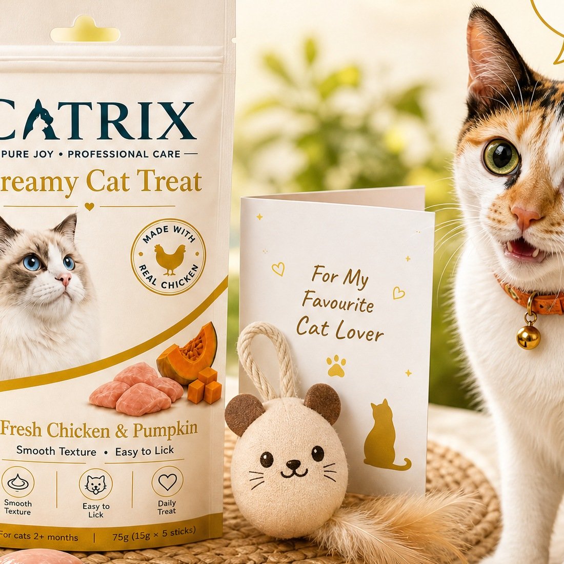 CATRIX Cat Lover Gift Set — pouch, toy, and greeting card